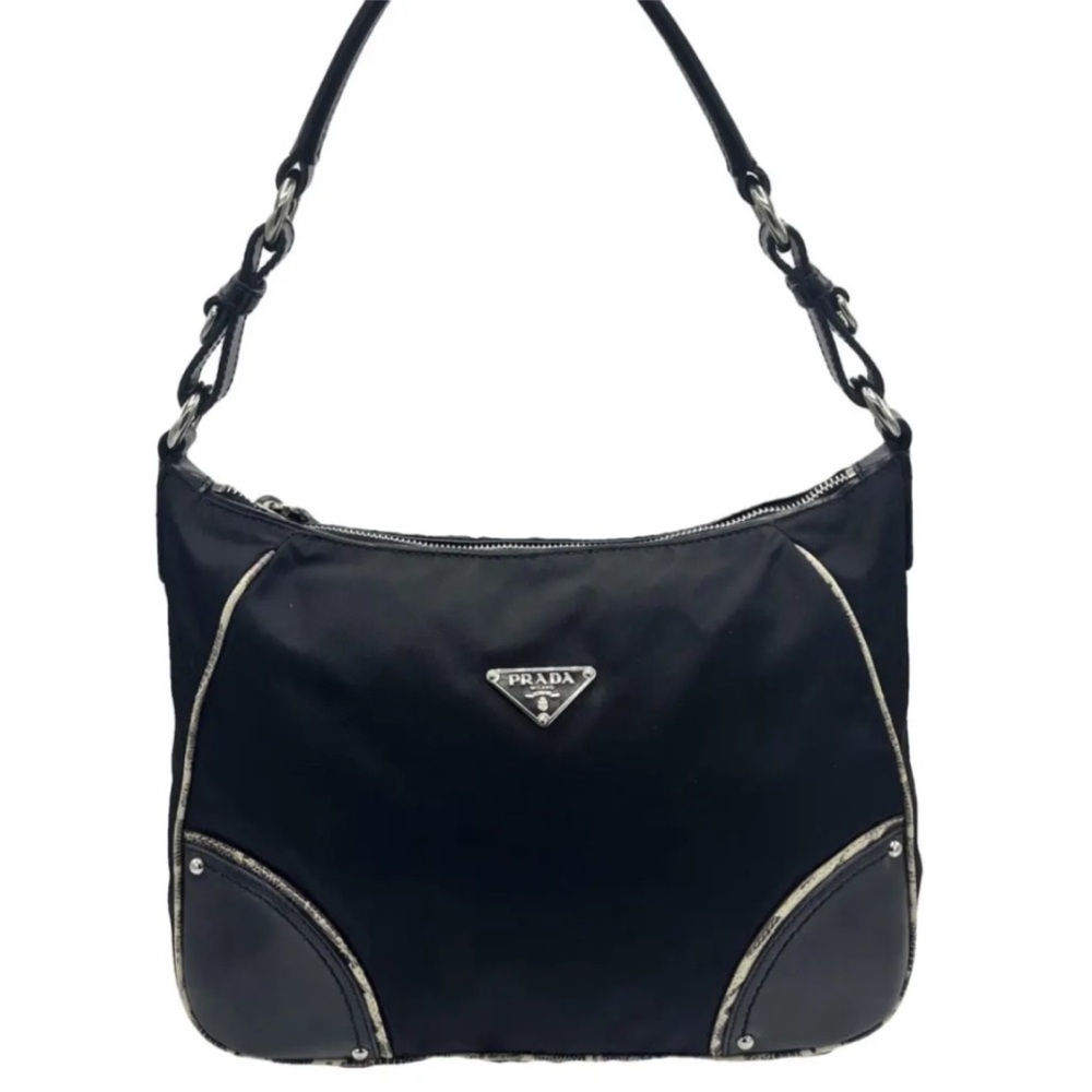 Authentic Prada Tessuto Nylon Hobo Bag Black Silver Hardware Vintage Y2K Italy